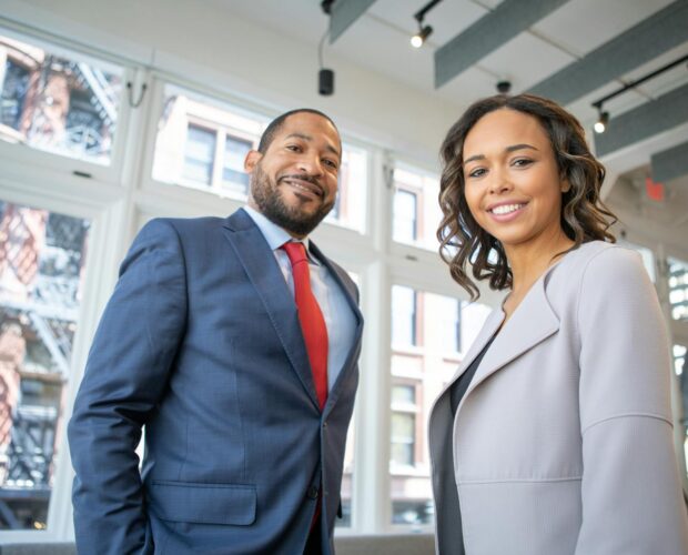 Business professionals smiling in a modern Detroit office setting.