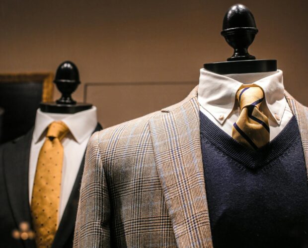 Dandy fancy jackets with shiny ties on dummies in showroom of contemporary male shop